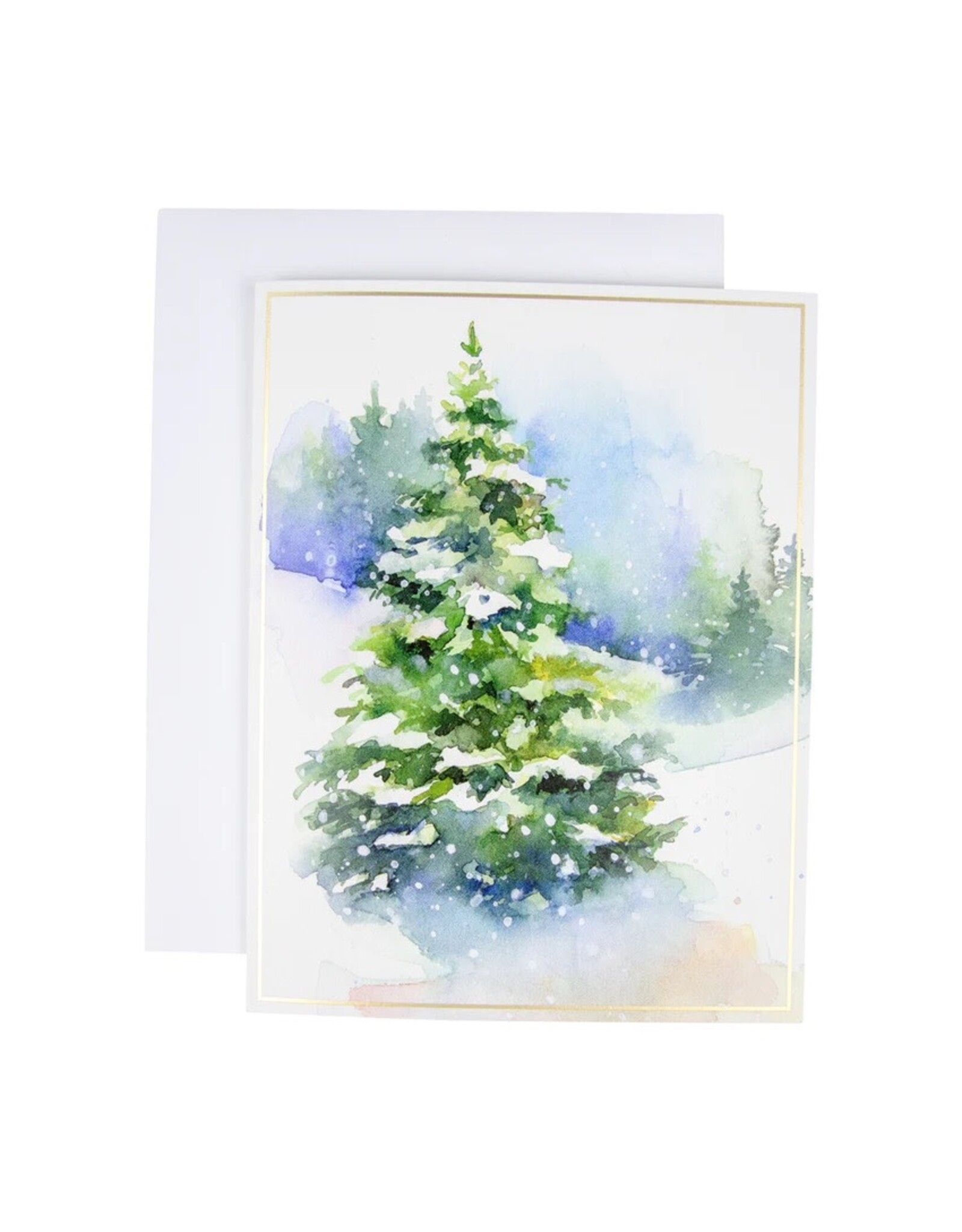 Caspari Boxed Christmas Cards 15pk Evergreens In Snowy Field