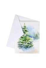 Caspari Boxed Christmas Cards 15pk Evergreens In Snowy Field
