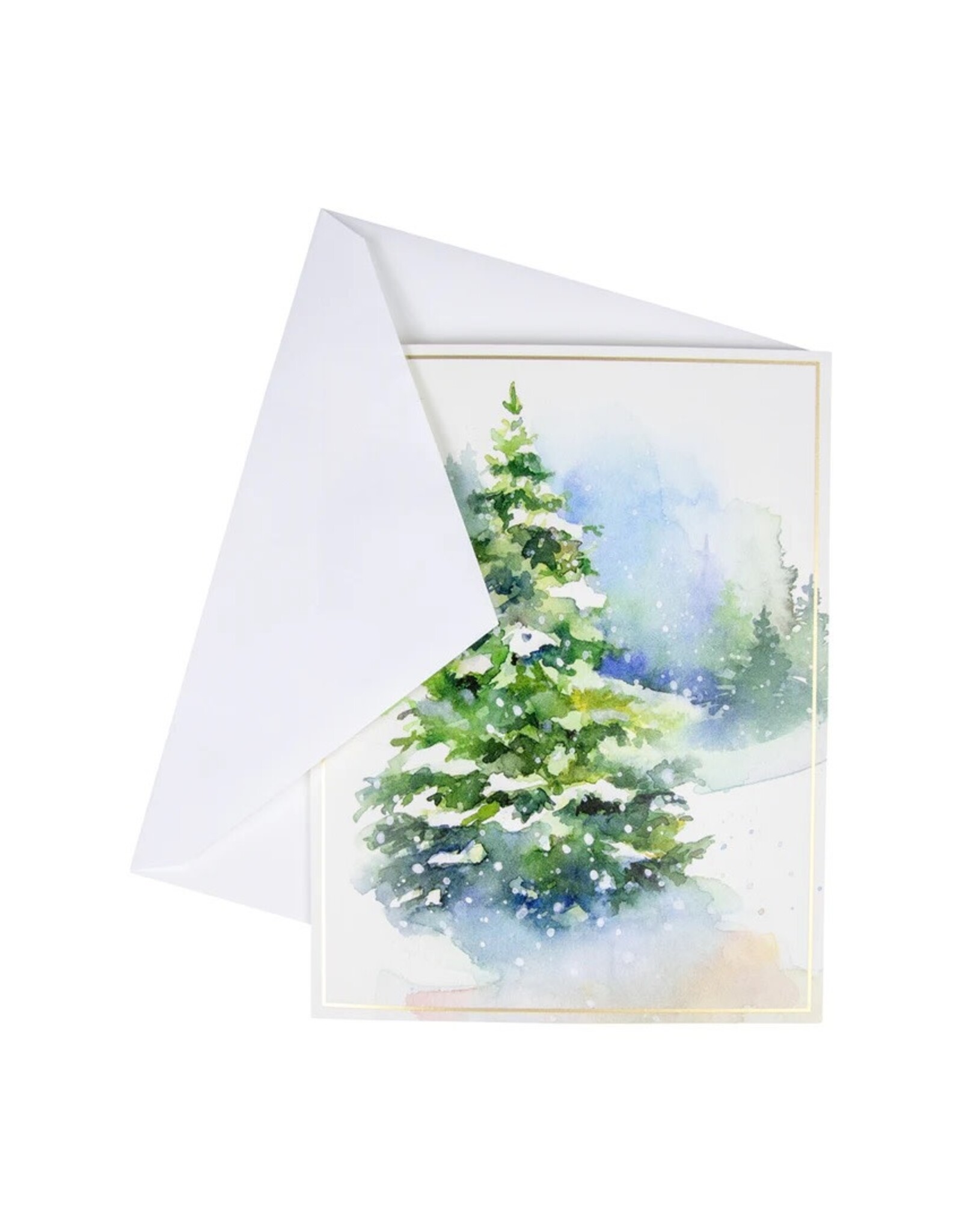 Caspari Boxed Christmas Cards 15pk Evergreens In Snowy Field
