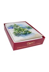 Caspari Boxed Christmas Cards 15pk Evergreens In Snowy Field