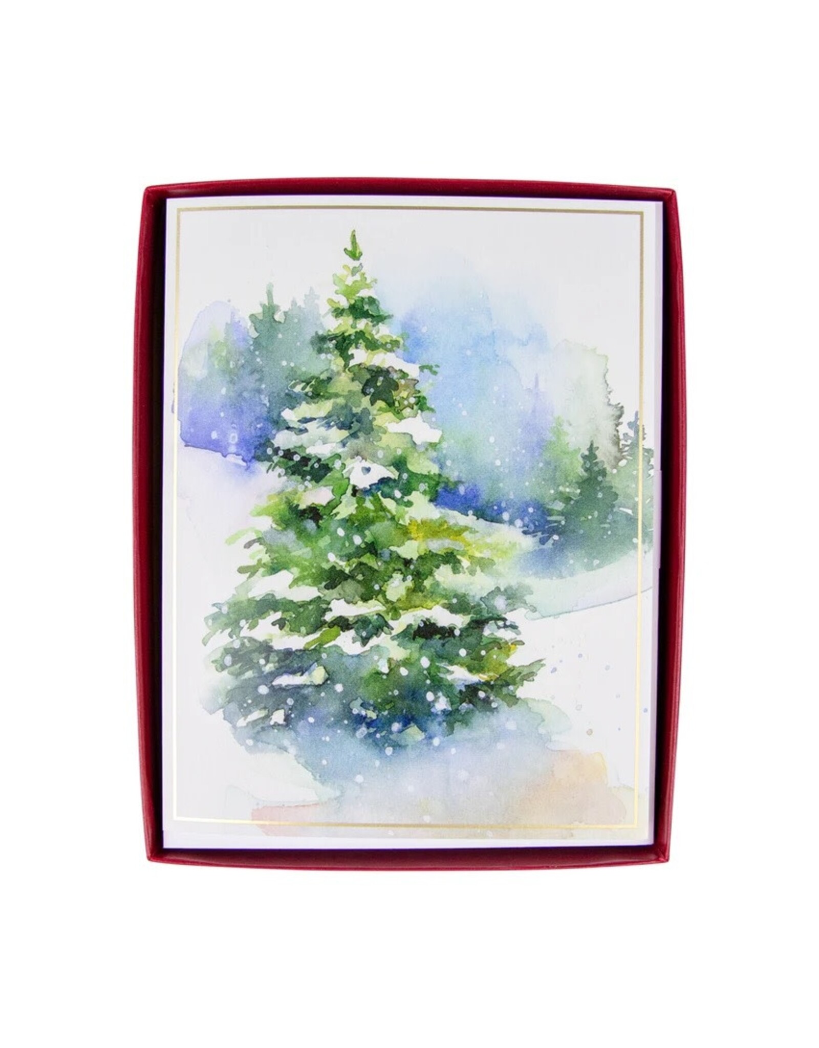 Caspari Boxed Christmas Cards 15pk Evergreens In Snowy Field