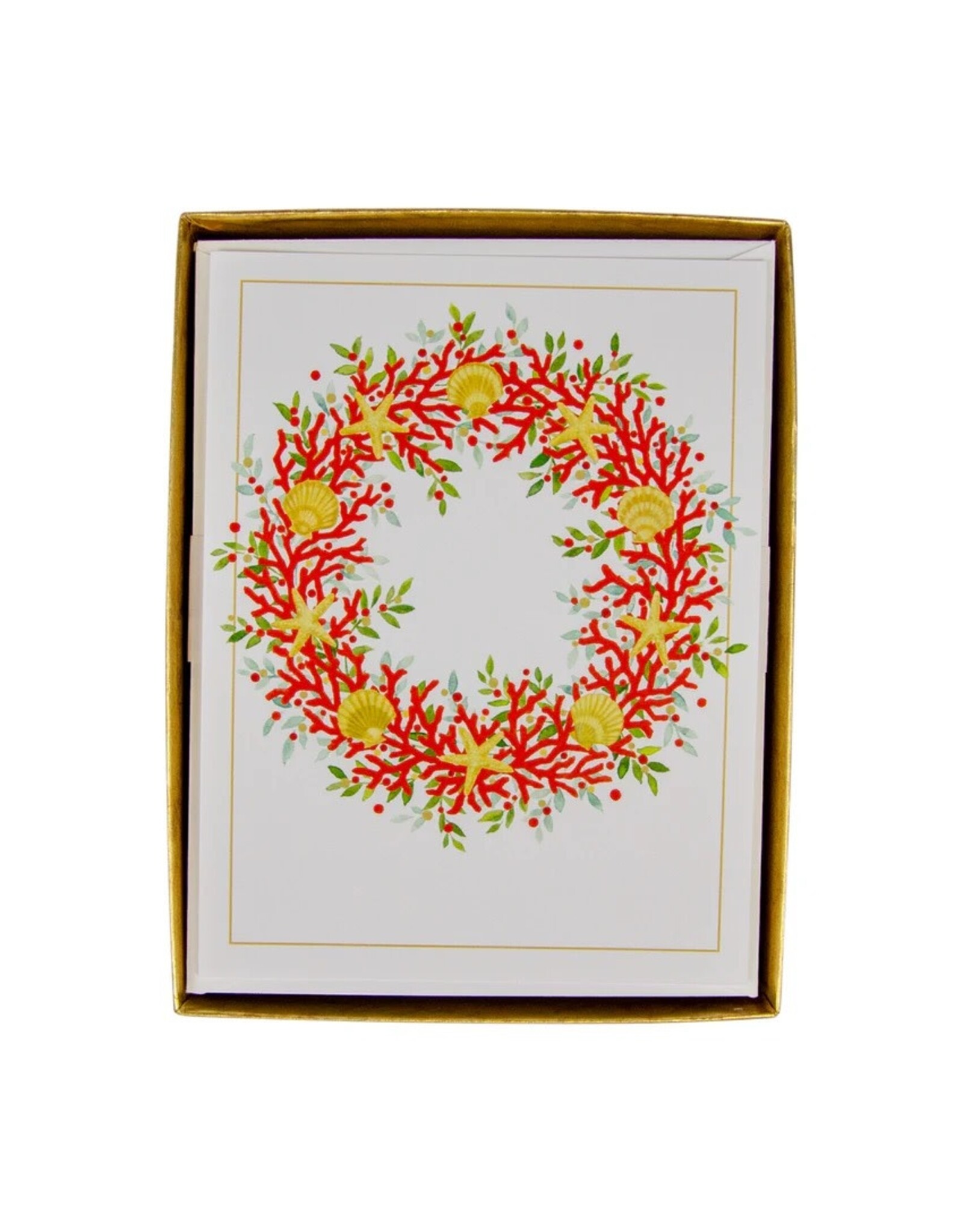 Caspari Boxed Christmas Cards 10pk Coral And Shell Wreath