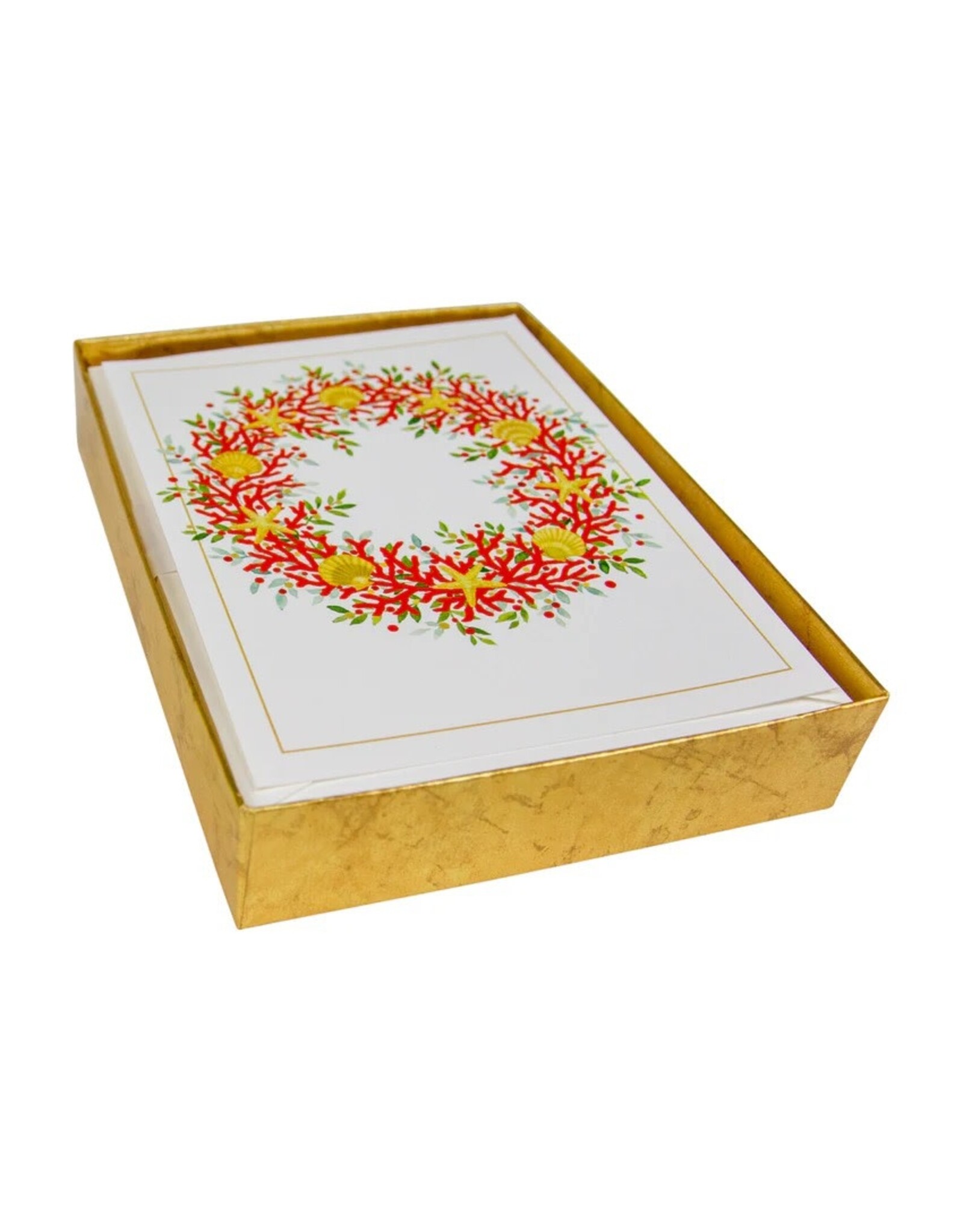 Caspari Boxed Christmas Cards 10pk Coral And Shell Wreath