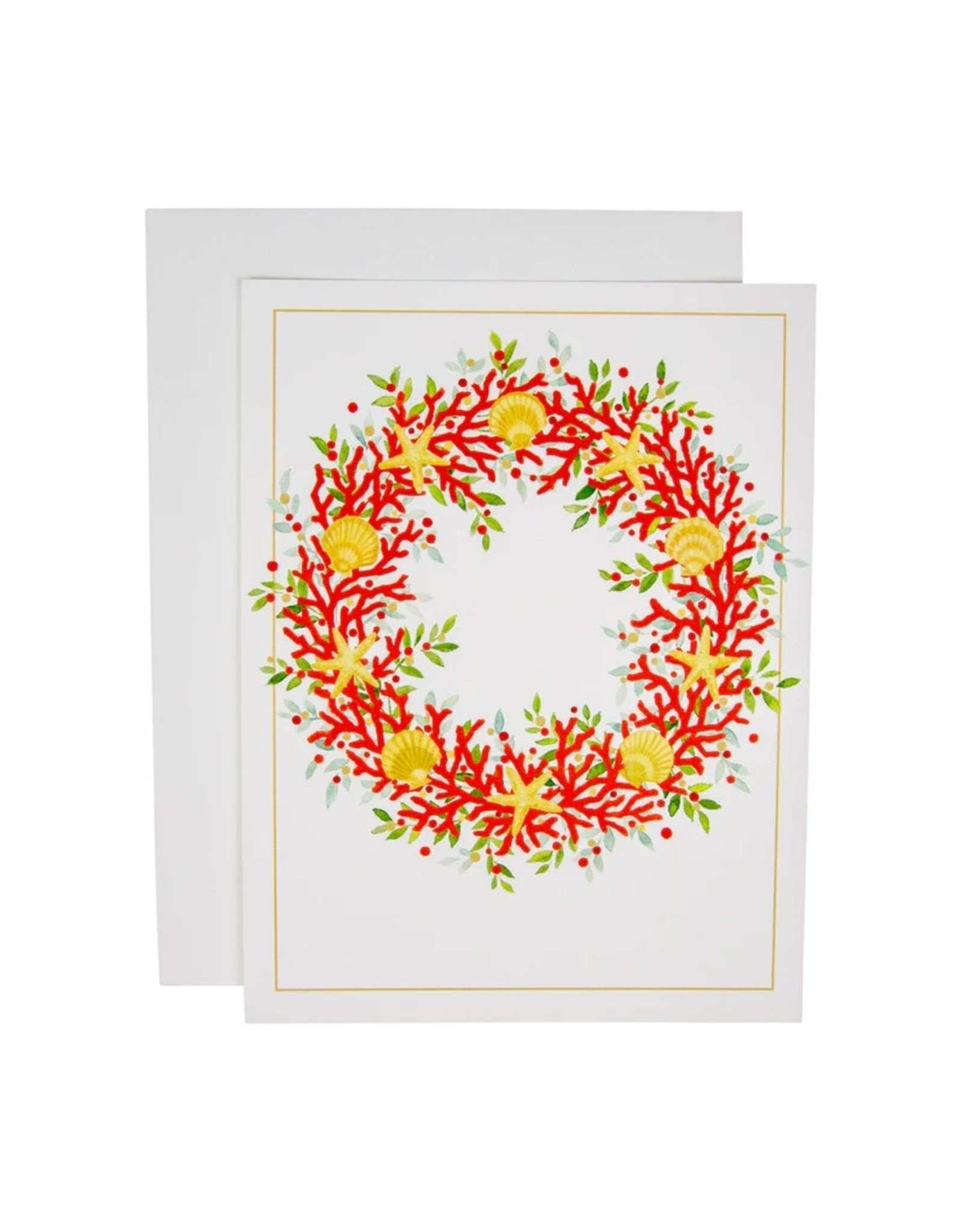 Caspari Boxed Christmas Cards 10pk Coral And Shell Wreath