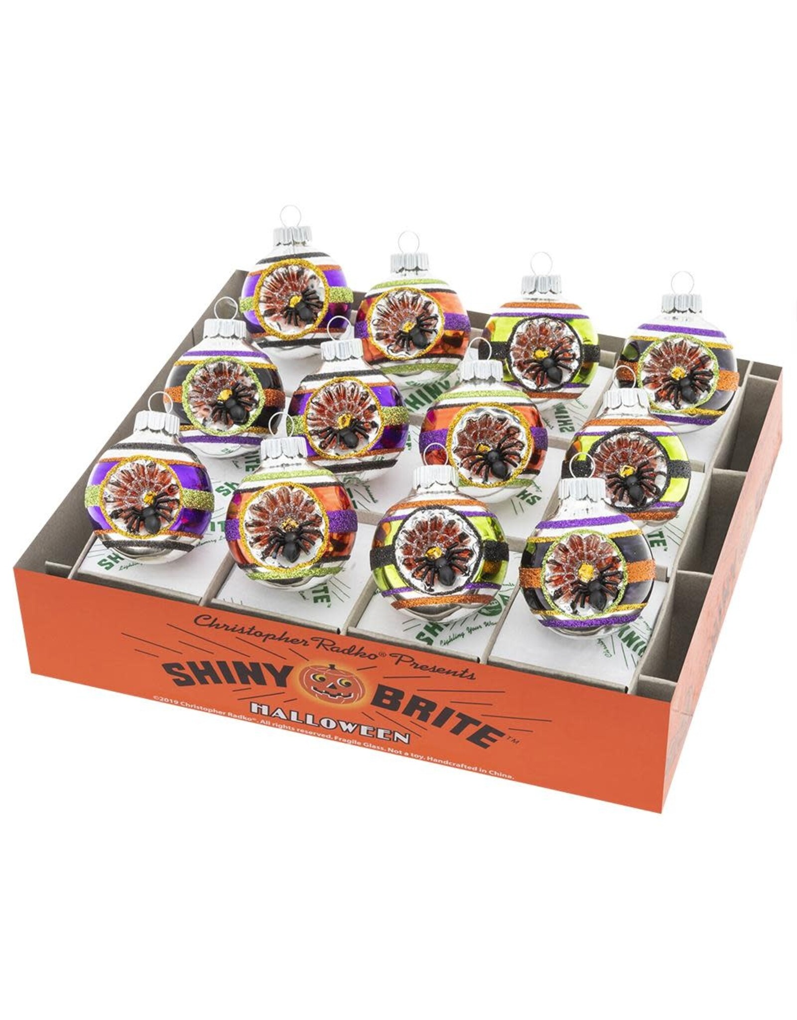 Christopher Radko Shiny Brite Halloween 12ct 1.75” Decorated Rounds W Reflectors