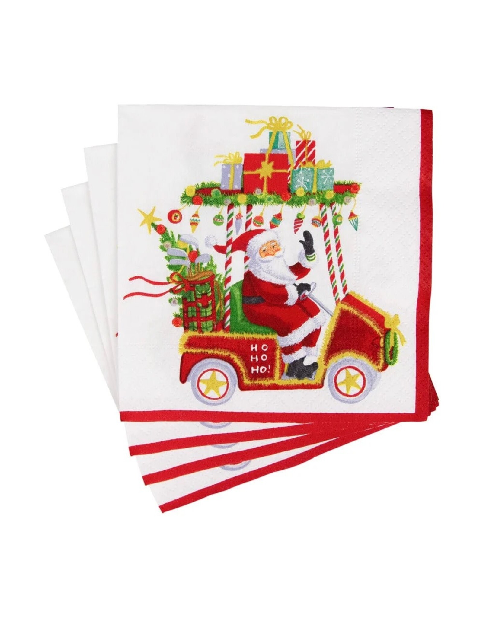 Caspari Christmas Paper Cocktail Napkins 20pk Santas Golf Cart