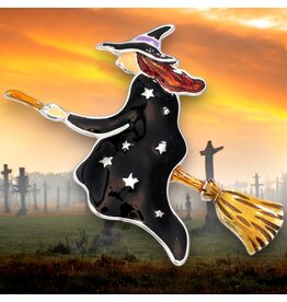Periwinkle by Barlow Halloween Brooch Lapel Pin | Witch on Broom