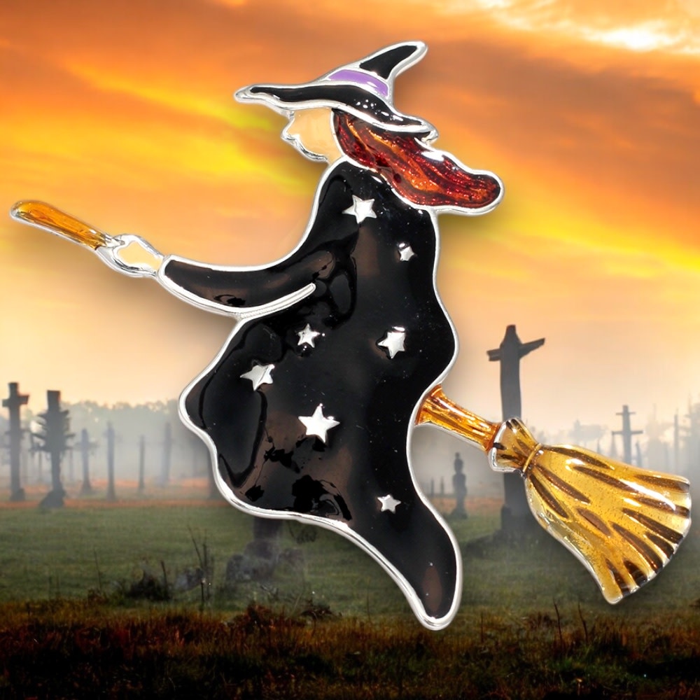 Halloween Brooch Lapel Pin Witch on Broom Digs N Gifts