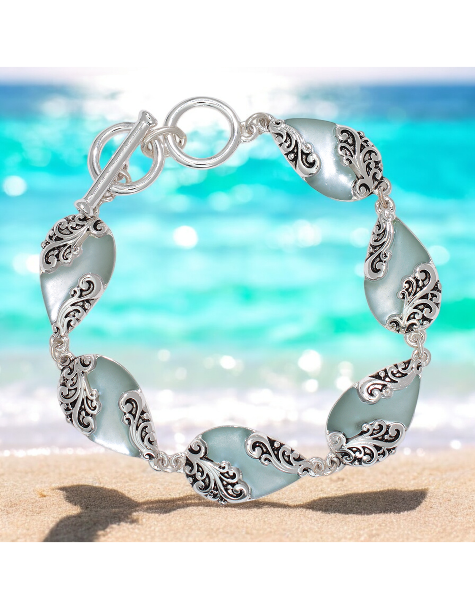 Periwinkle by Barlow Bracelets | Toggle Bracelet Gray Teardrop Silver Filigree