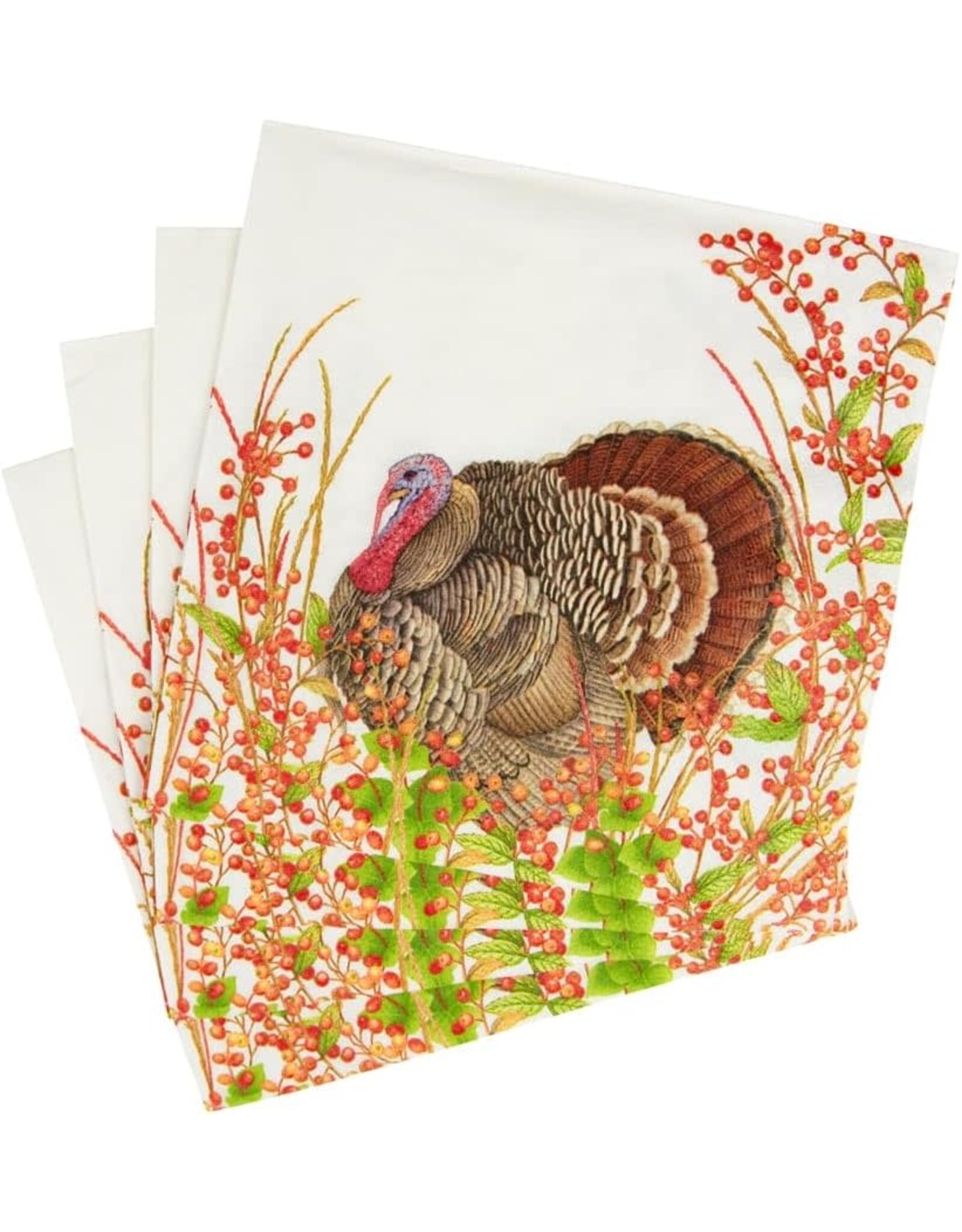 Caspari Thanksgiving Paper Luncheon Napkins 20pk Turkeys n Berries