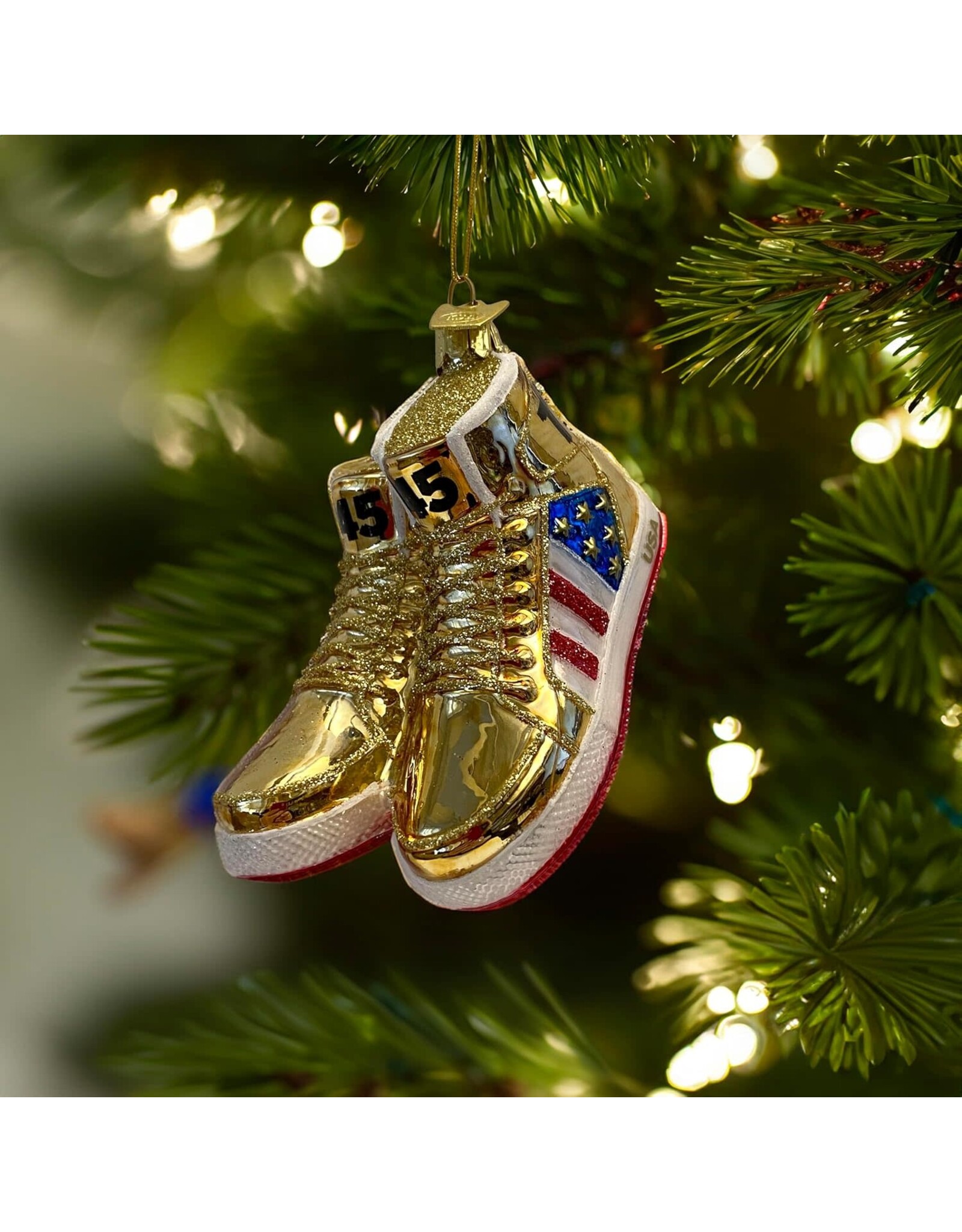 Kurt Adler TRUMP Gold Sneakers Christmas Ornament Glass 3.5 Inch