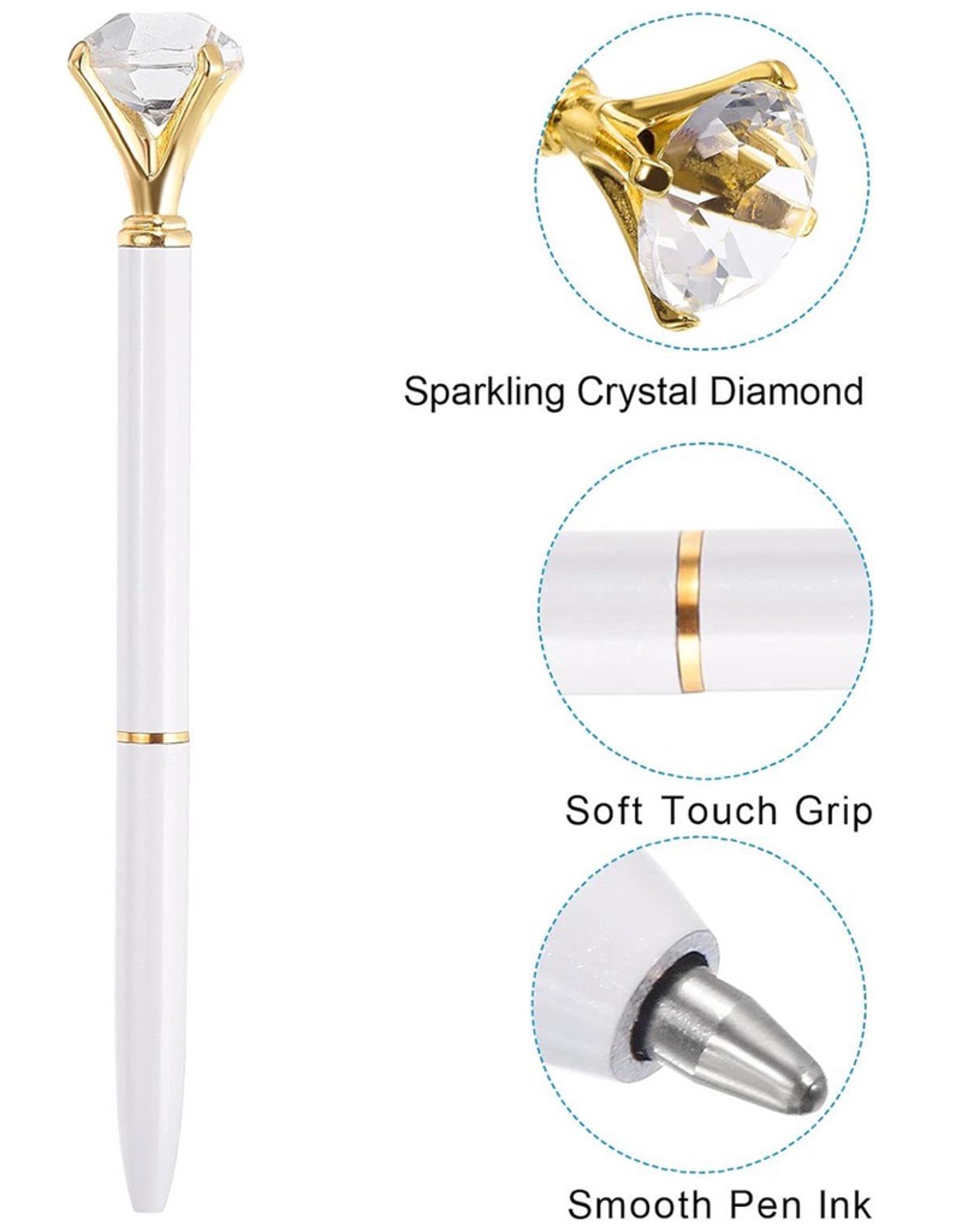 DIGS-N-GIFTS Diamond Pens Gem Top Ballpoint Pen w Gold Accents | White