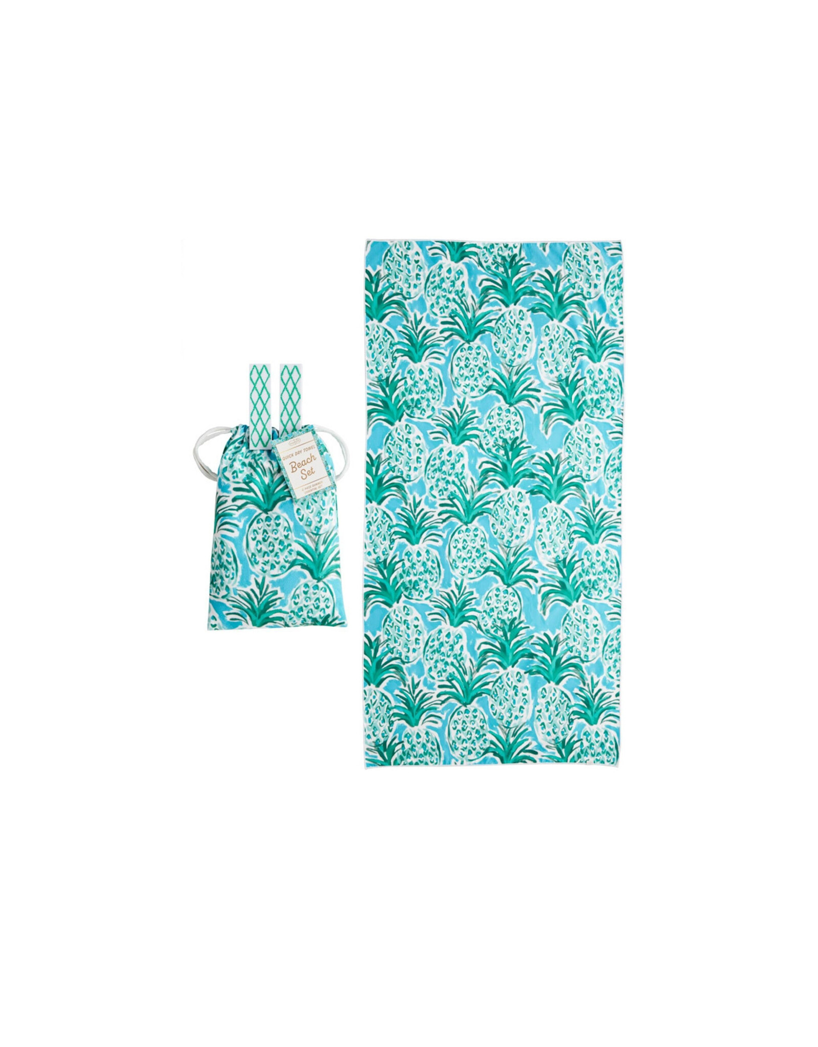 Mud Pie Quick Dry Beach Towel Set w Chair Clips in Drawstring Pouch GR
