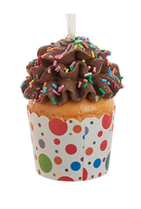 Kurt Adler Cupcake Ornament In Paper Cup w Dots And Brown Frosting