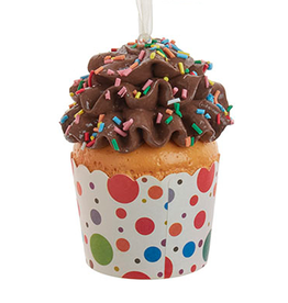 Kurt Adler Cupcake Ornament In Paper Cup w Dots And Brown Frosting