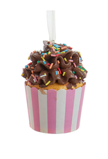 Kurt Adler Cupcake Ornament In Paper Cup w Stripes n Brown Frosting