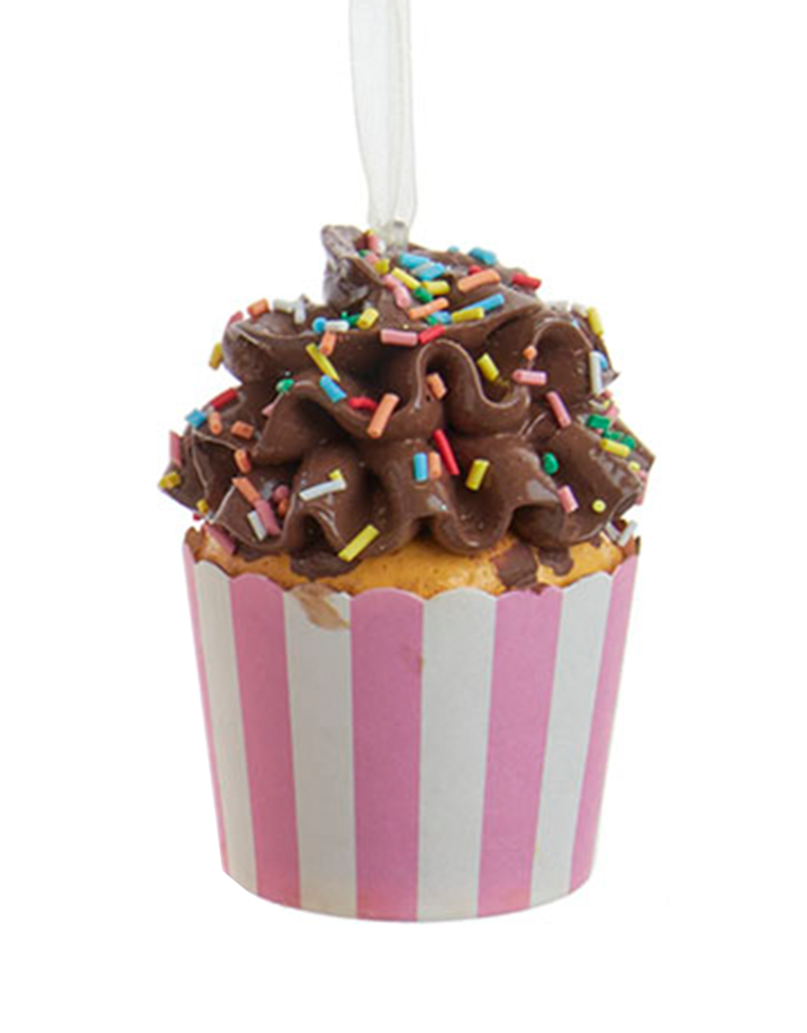 Kurt Adler Cupcake Ornament In Paper Cup w Stripes n Brown Frosting
