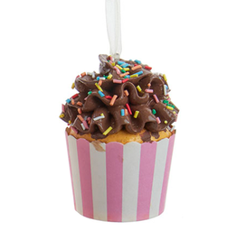 Kurt Adler Cupcake Ornament In Paper Cup w Stripes n Brown Frosting