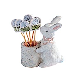 Mud Pie Stoneware Easter Toothpick Holder | Pink Bow Bunny w Picks