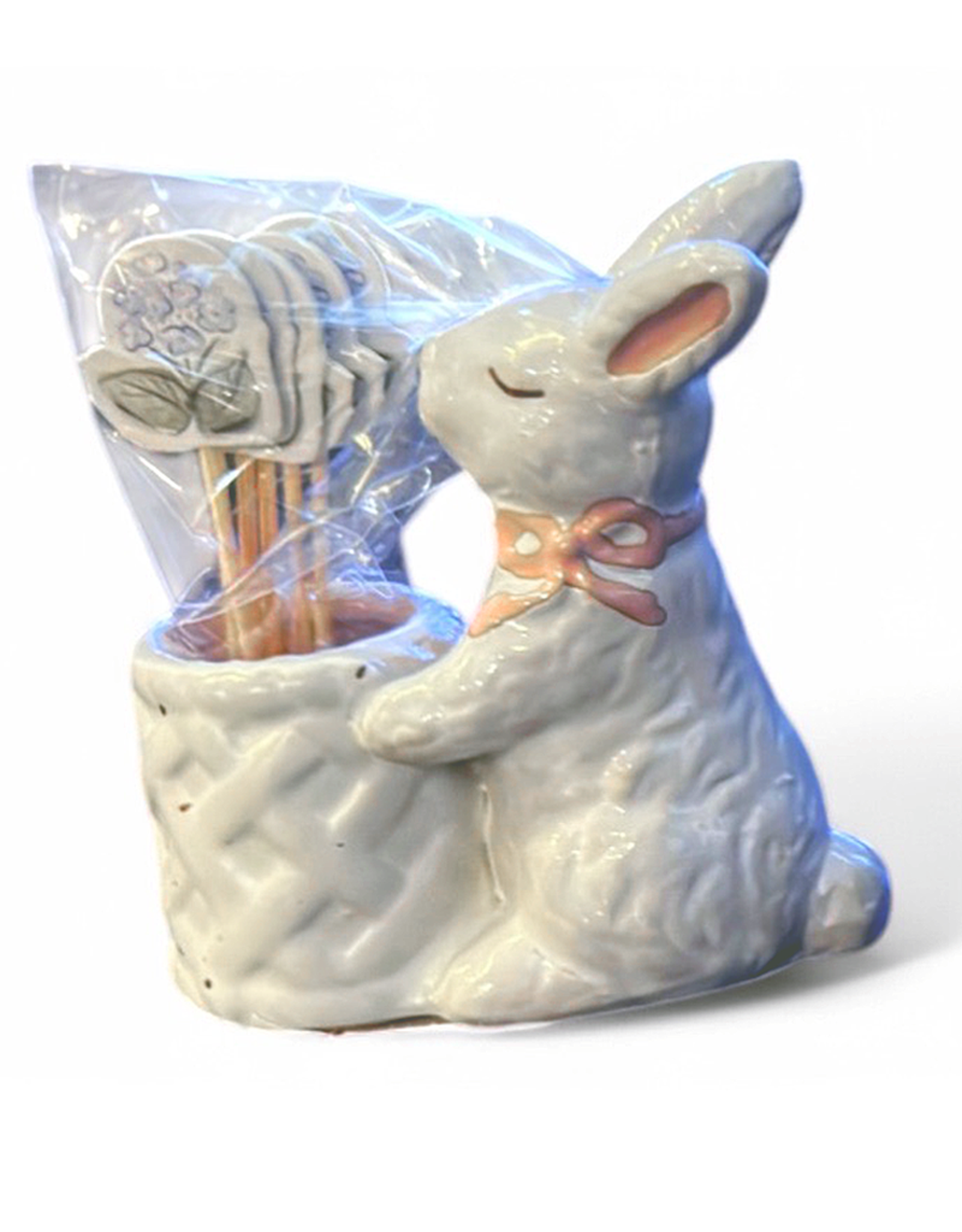Mud Pie Stoneware Easter Toothpick Holder | Pink Bow Bunny w Picks