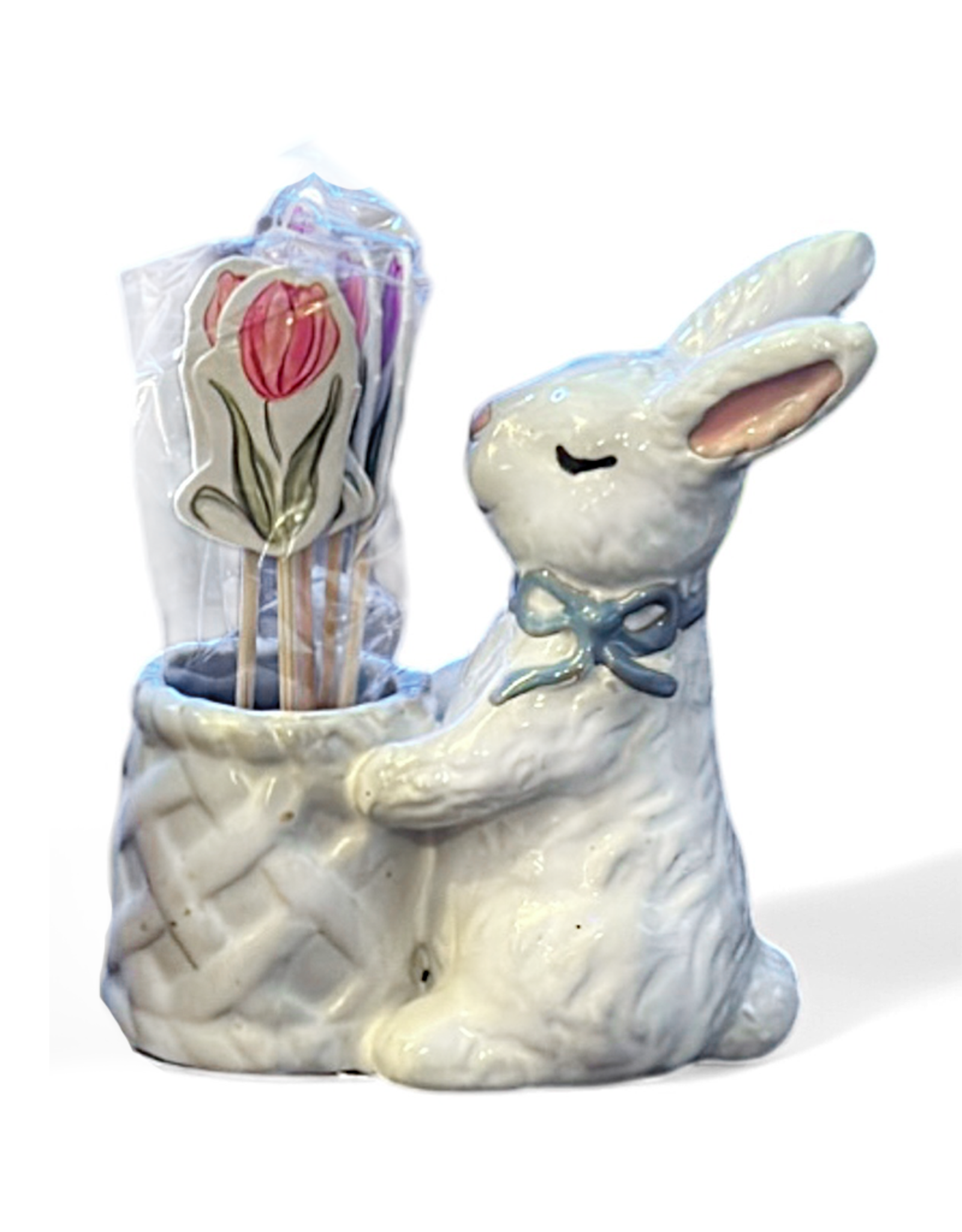 Mud Pie Stoneware Easter Toothpick Holder | Blue Bow Bunny w Picks