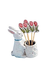 Mud Pie Stoneware Easter Toothpick Holder | Blue Bow Bunny w Picks