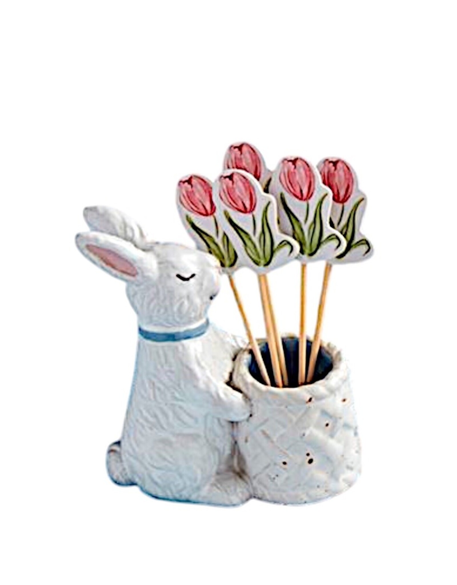 Mud Pie Stoneware Easter Toothpick Holder | Blue Bow Bunny w Picks