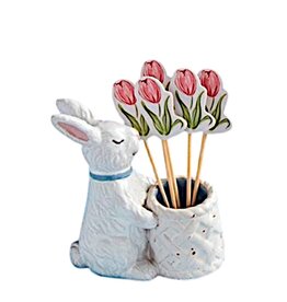 Mud Pie Stoneware Easter Toothpick Holder | Blue Bow Bunny w Picks