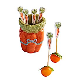 Mud Pie Stoneware Easter Toothpick Holder | Carrot Basket w Carrot Picks
