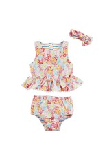 Mud Pie Floral N Stripe Reversible Girls Swimsuit Set W Headband 3-6 M