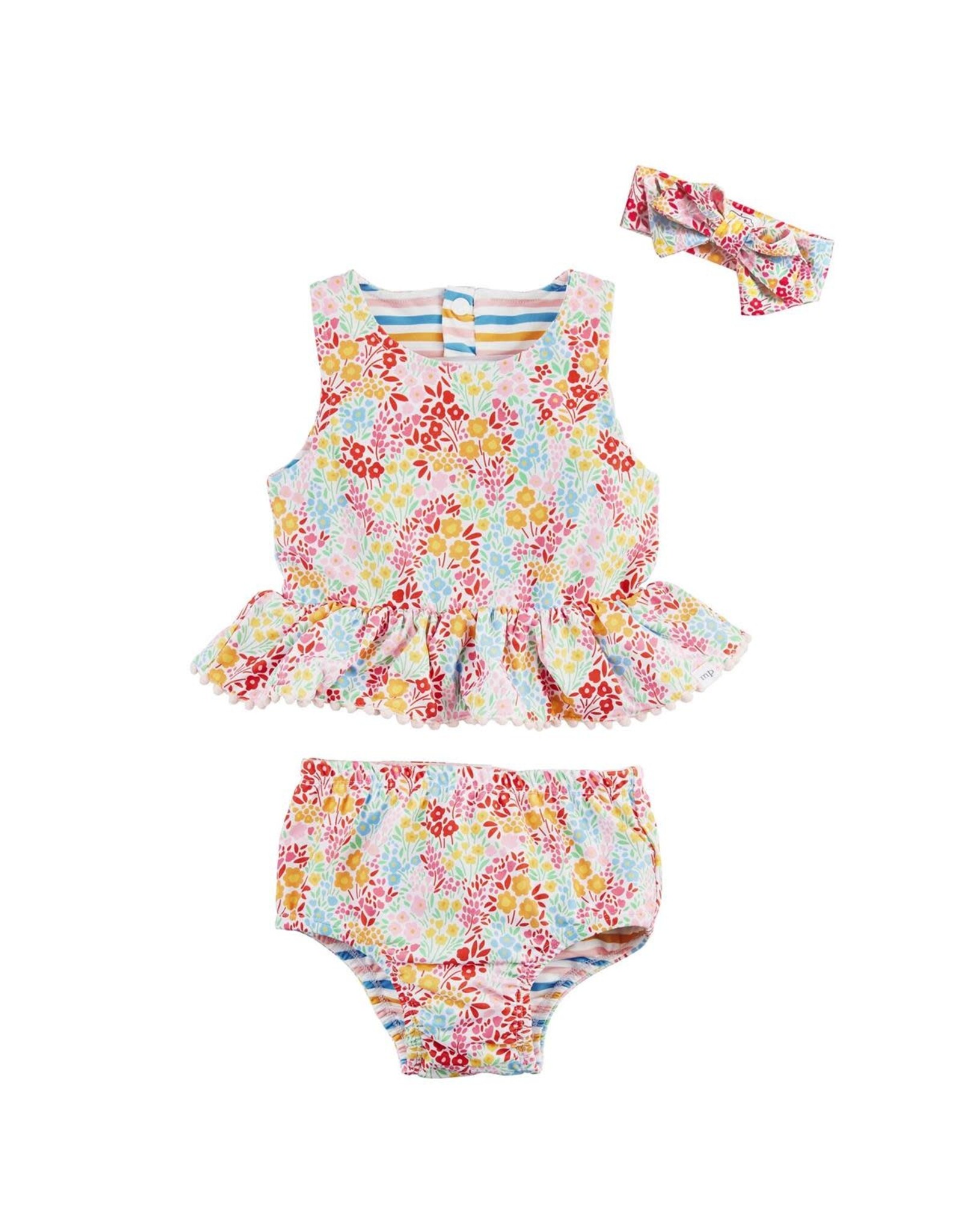 Mud Pie Floral N Stripe Reversible Girls Swimsuit Set W Headband 3-6 M