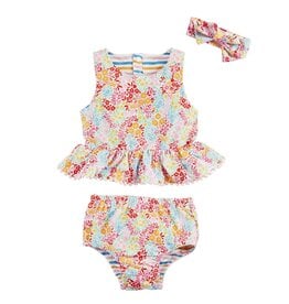 Mud Pie Floral N Stripe Reversible Girls Swimsuit Set W Headband 3-6 M