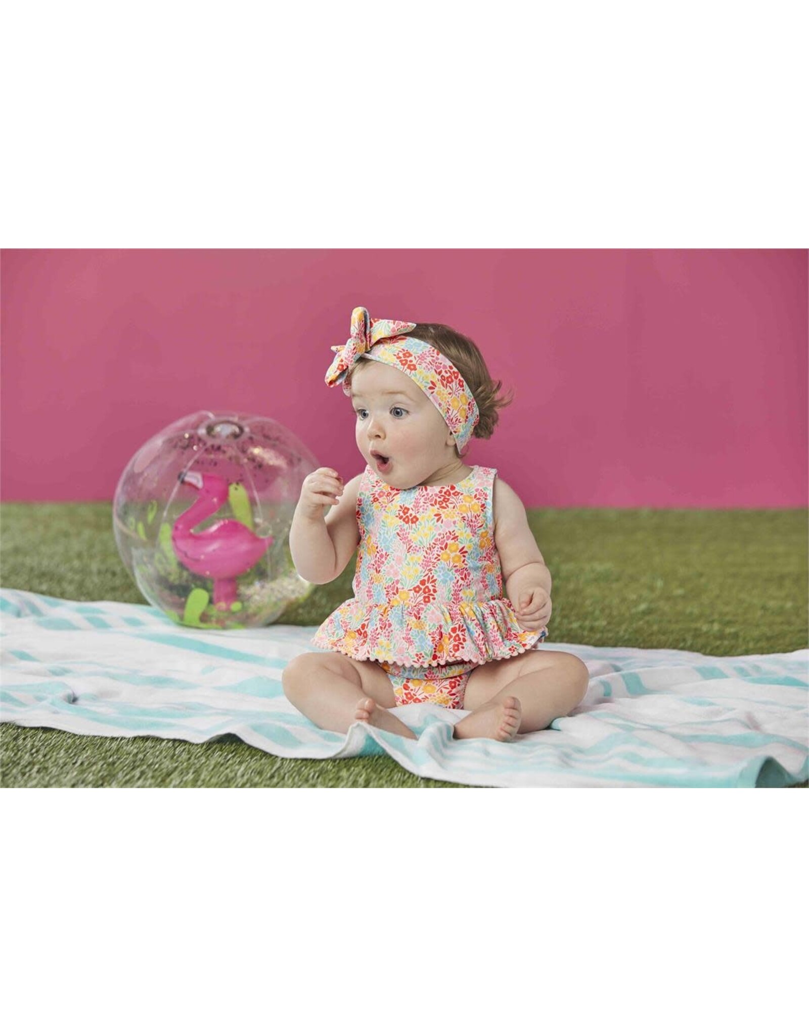 Mud Pie Floral N Stripe Reversible Girls Swimsuit Set W Headband 3-6 M