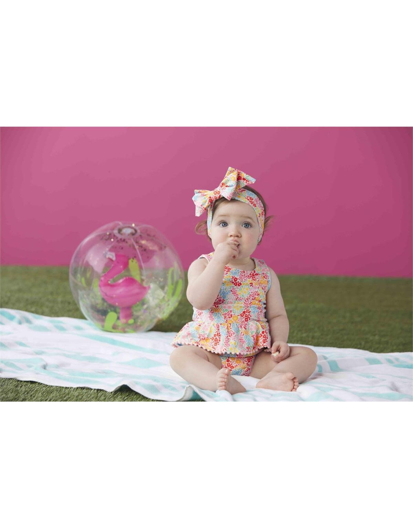 Mud Pie Floral N Stripe Reversible Girls Swimsuit Set W Headband 3-6 M