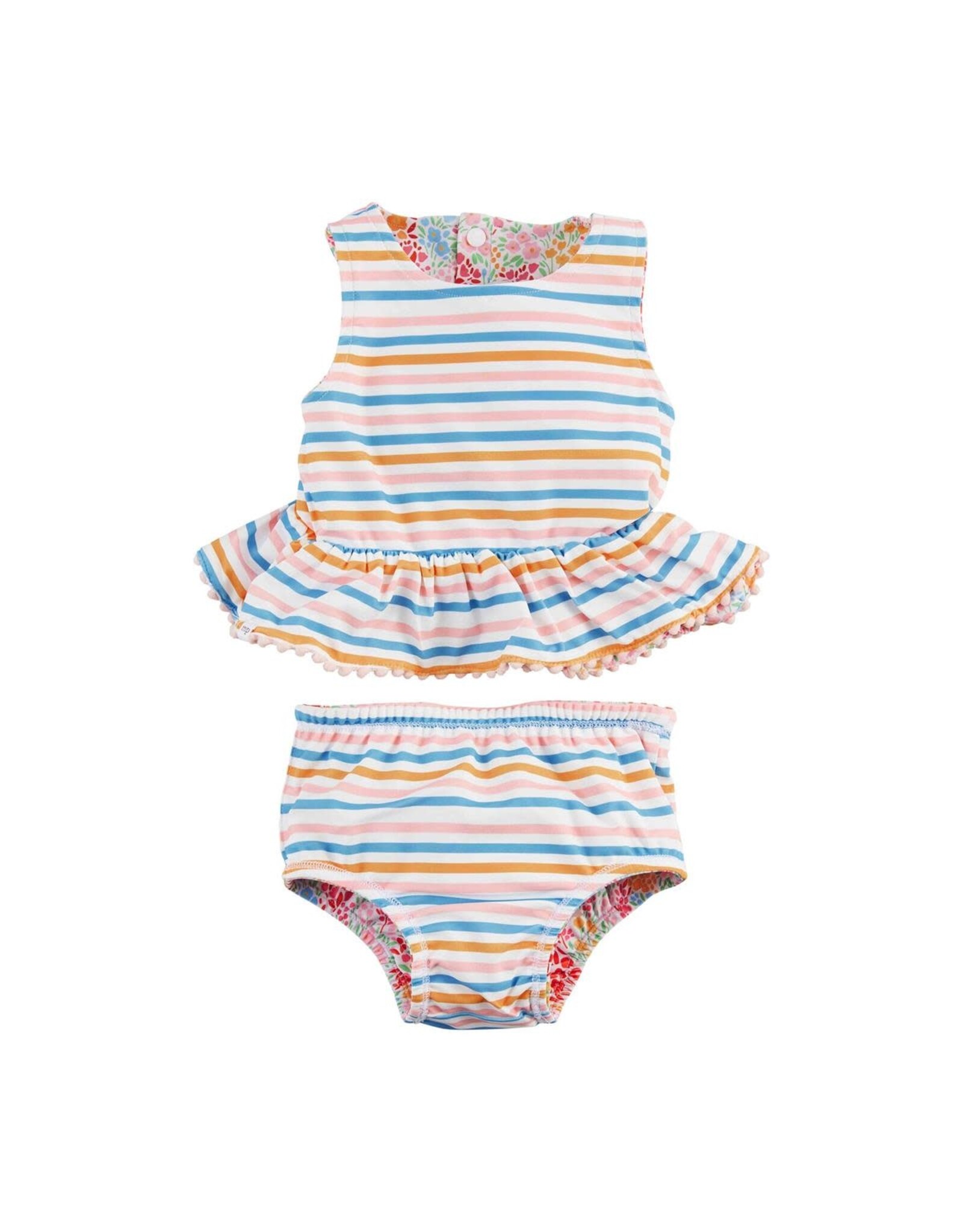 Mud Pie Floral N Stripe Reversible Girls Swimsuit Set W Headband 3-6 M