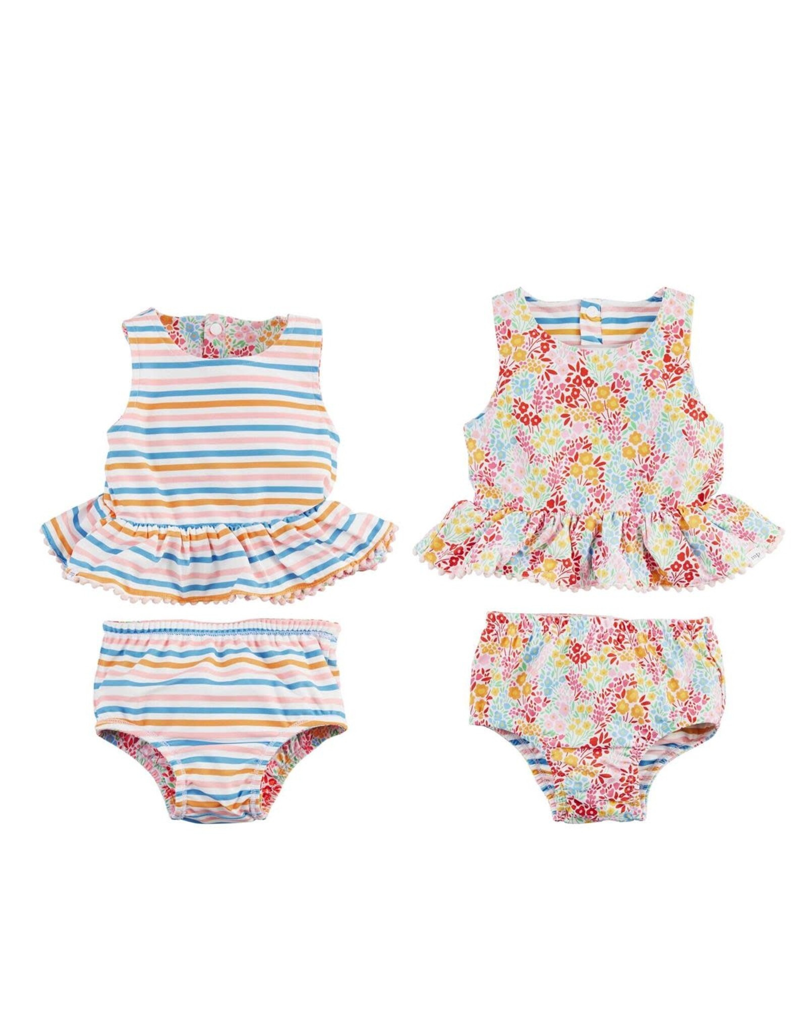 Mud Pie Floral N Stripe Reversible Girls Swimsuit Set W Headband 3-6 M