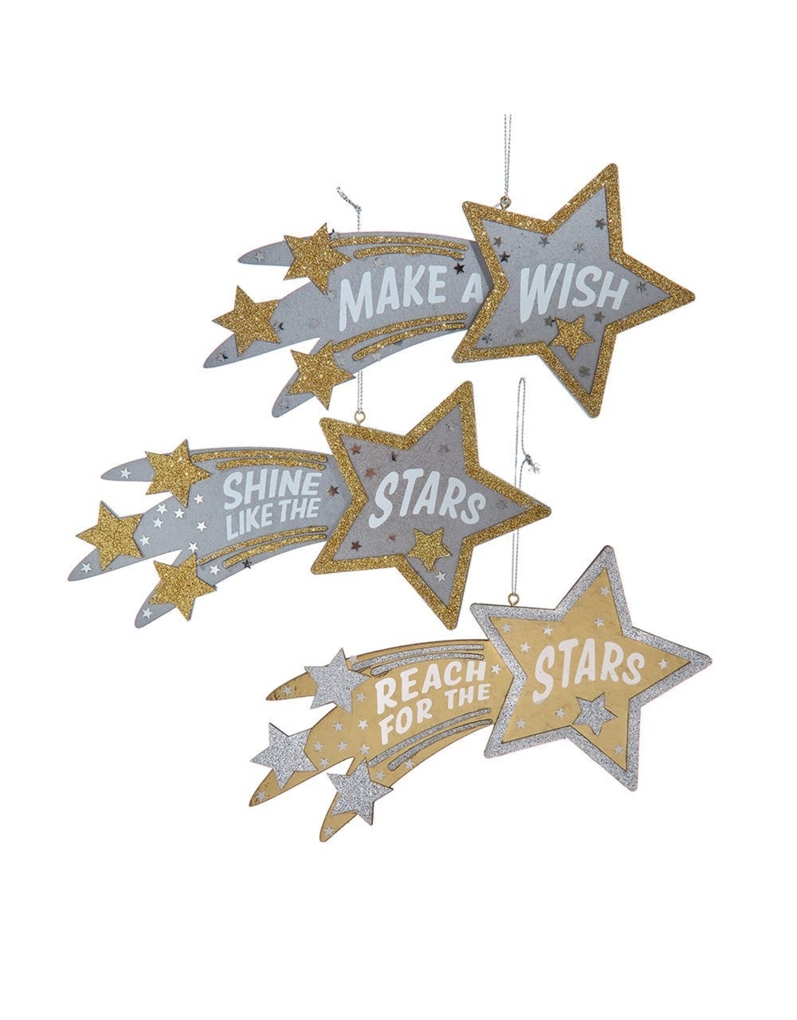 Kurt Adler Shooting Star Wood Plaque Ornaments w Sentiment Set of 3
