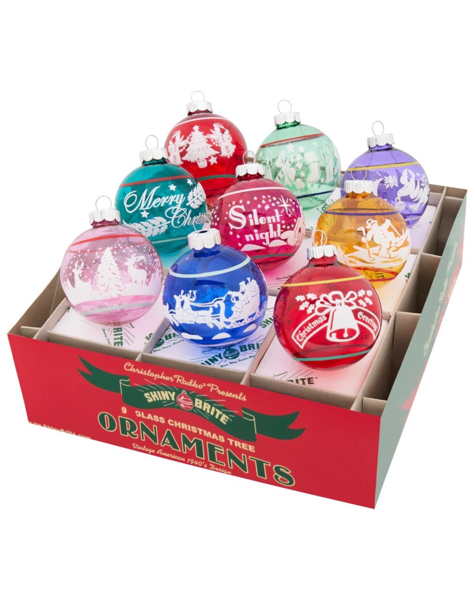 Christopher Radko Shiny Brite Flocked Rounds 9ct 2.5in Vivid Vintage