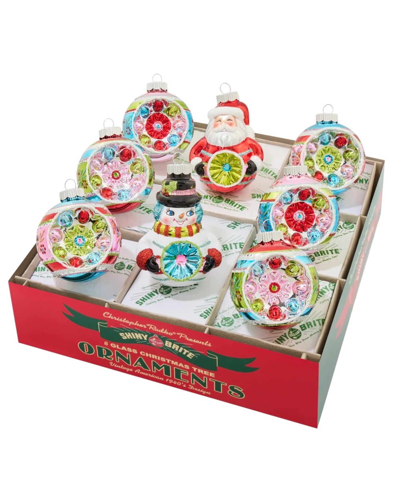 Christopher Radko Shiny Brite Festive Fete 8ct 2.5in Figures Rounds