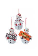 Kurt Adler Hershey's™ Snowman Ornaments Set of 3 Assorted Snowmen Holding Candy Kiss, Candy Bar, and Peanut Butter Cups