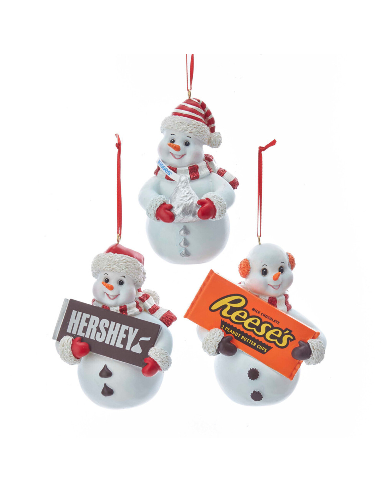 Kurt Adler Hershey's™ Snowman Ornaments Set of 3 Assorted Snowmen Holding Candy Kiss, Candy Bar, and Peanut Butter Cups