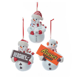 Kurt Adler Hershey's™ Snowman Ornaments Set of 3 Assorted Snowmen Holding Candy Kiss, Candy Bar, and Peanut Butter Cups