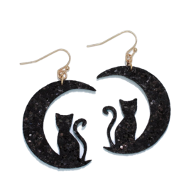 Periwinkle by Barlow Halloween Earrings | Black Cats On Moon Silhouette