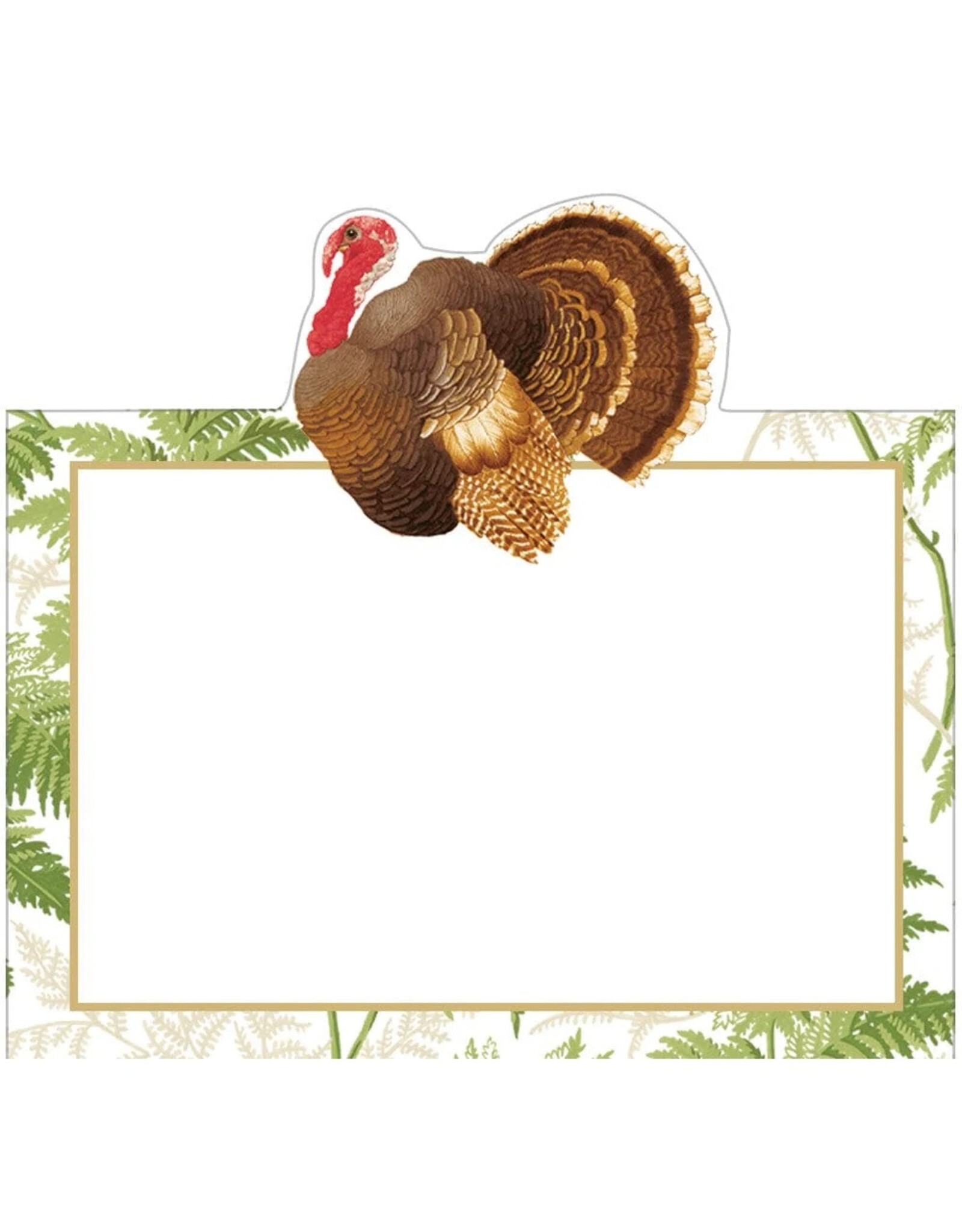 Caspari Thanksgiving Place Cards Tent Style 8pk Turkey Among Ferns Foil