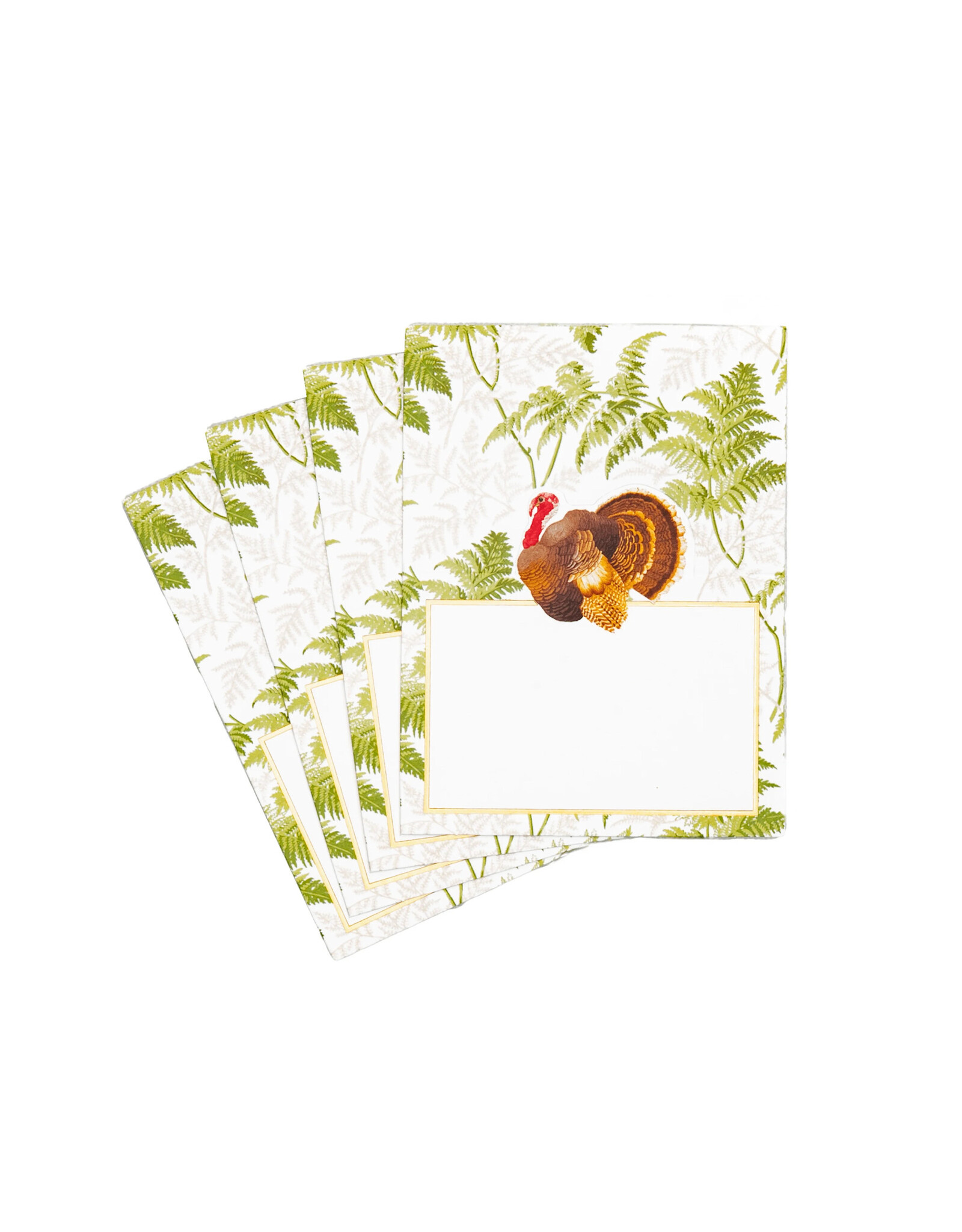 Caspari Thanksgiving Place Cards Tent Style 8pk Turkey Among Ferns Foil