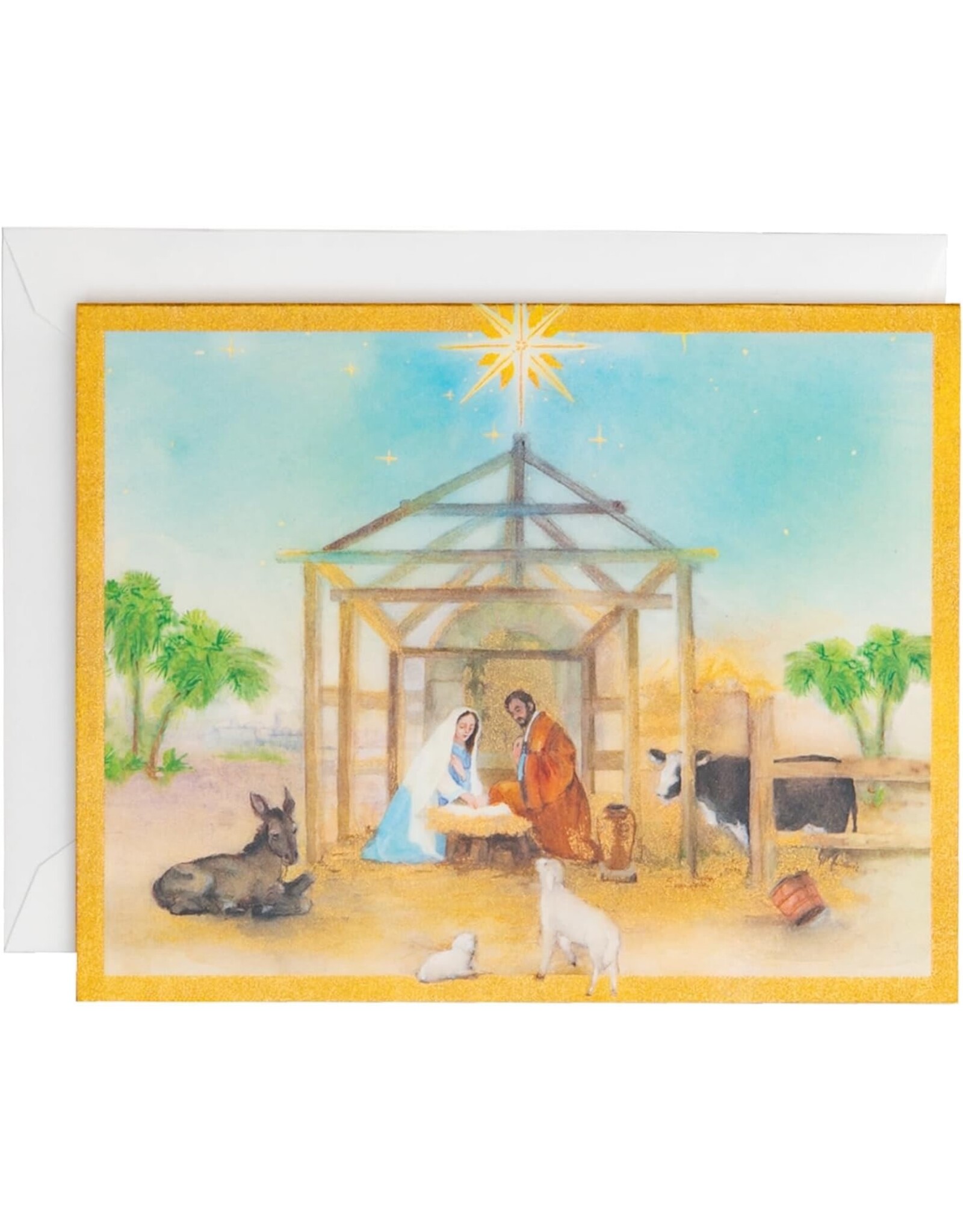 Caspari Boxed Christmas Cards 15pk Peaceful Creche Nativity