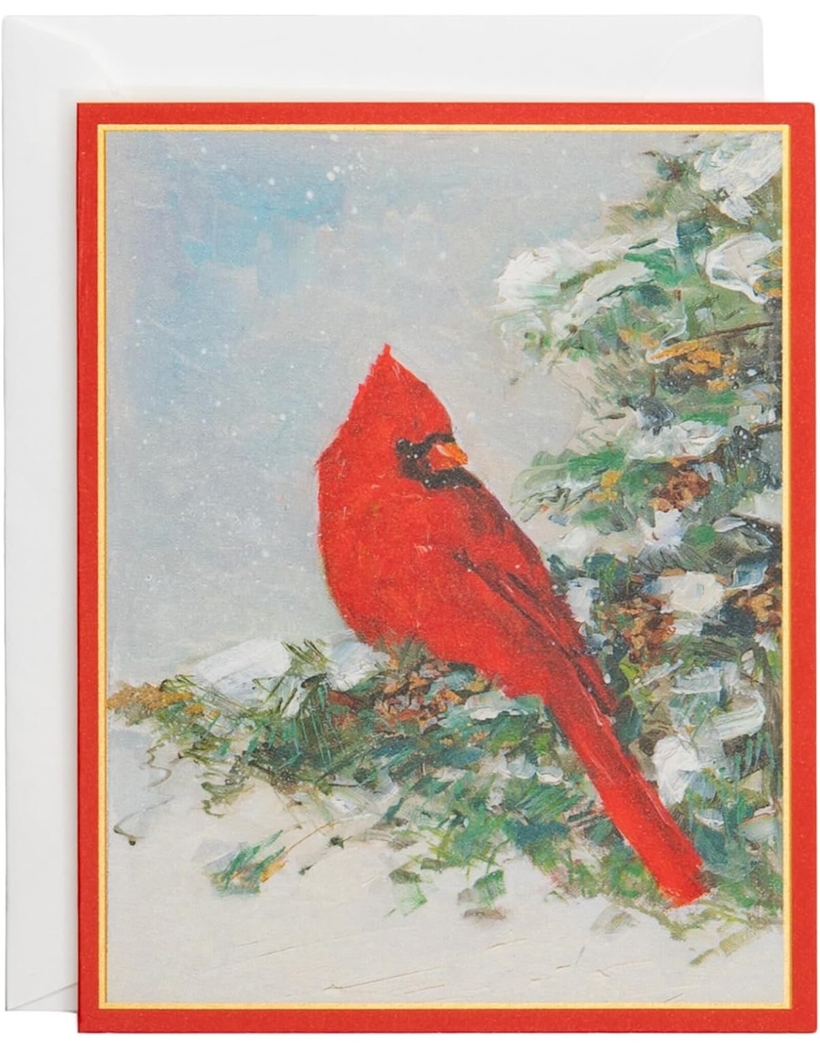 Caspari Boxed Christmas Cards 15pk Cardinal And Evergreen
