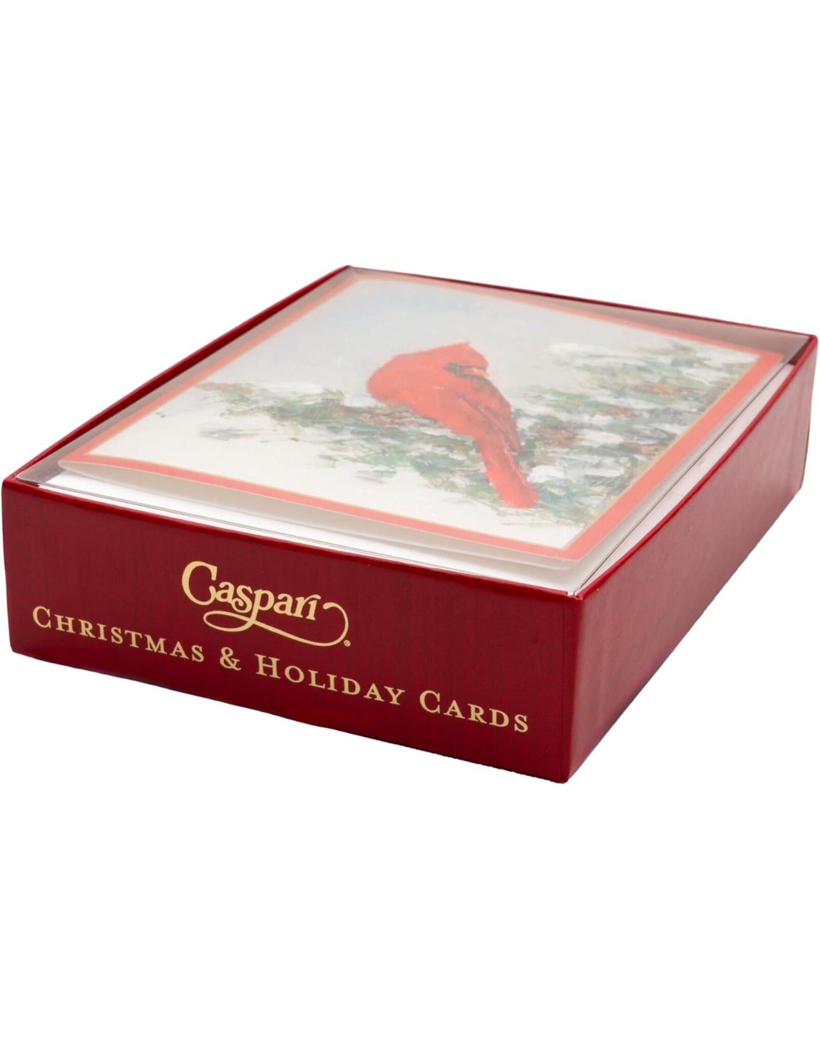 Caspari Boxed Christmas Cards 15pk Cardinal And Evergreen