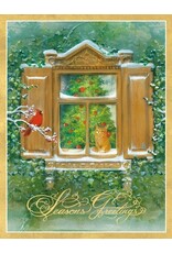 Caspari Boxed Christmas Cards 15pk  Wintery Window View