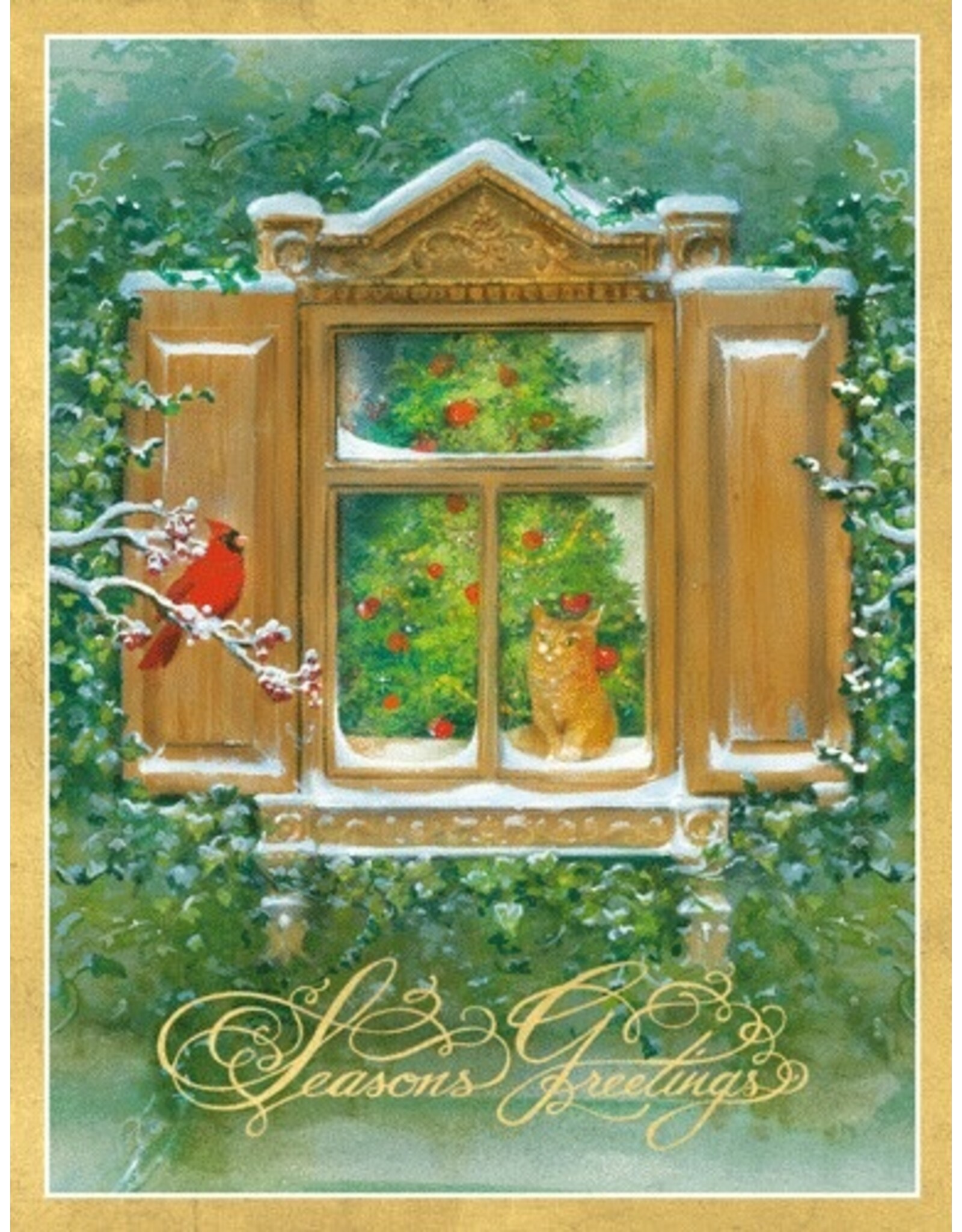 Caspari Boxed Christmas Cards 15pk  Wintery Window View